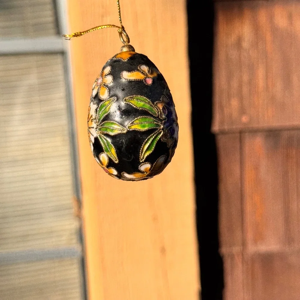 Cloisonne Egg Ornament Floral Black‎ Multicolor Christmas Holiday Decor